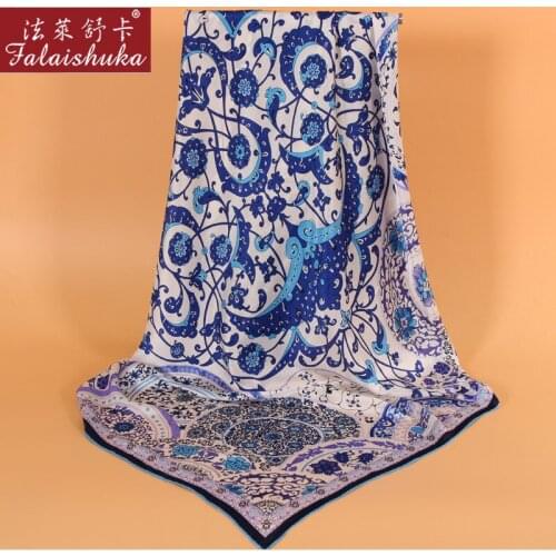 100% Silk Square Scarf Female Blue And White Porcelain Pattern Silkworm Silk Woman Scarves Shawls 90*90 F605