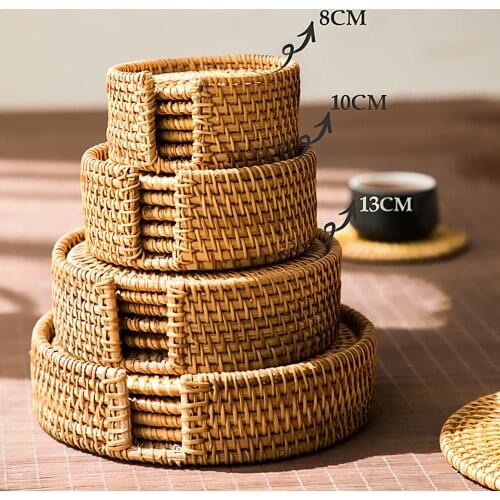 6pcs Coasters Handcrafted Woven Rattan Heat-insulating Placemats Coffee Drink Cup Mats with Storage Holder for Home Decor