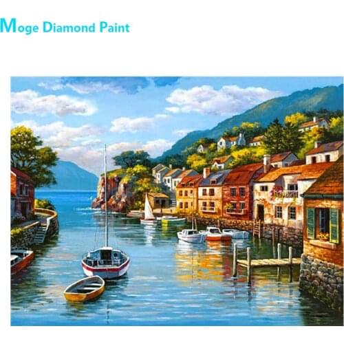 Port City Scenic Diamond Painting Cross Stitch Full Round New DIY 5D Home Decorative House Boat Mosaic Embroidery
