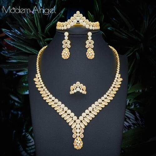 ModemAngel Luxury cubic zirconia necklace bracelet earrings and ring 4pcs dubai full jewelry set for women,bridal dress dinner