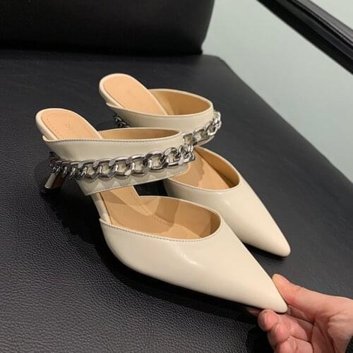 SKLFGXZY New 2021 Spring Pearl Chain Slippers Woman Toe Kitten Heels Woman Lotus Leaf Mules Party Shoes Woman Genuine Leather