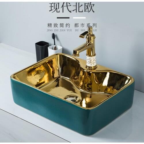European style above counter basin light luxury wash basin bathroom ceramic single basin green gold square wash basin pool