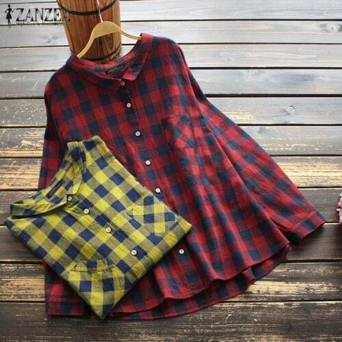 Vintage Check Shirts Women Spring Tops ZANZEA 2021 Casual Long Sleeve Blusas Female Button Lapel Plaid Tunic Chemise 7