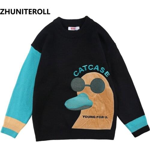 Embroidery Funny Duck Knitted Jumper Streetwear Mens Hip Hop Harajuku Patchwork Pullover Knitwear Fashion Outwear Sweaters Tops
