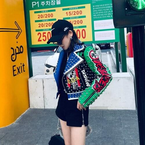 Autumn Punk Graffiti Faux Leather Jacket Women Rock Zipper Rivet Crop Motorcycle Biker Jackets Female Streetwear Short PU Coat