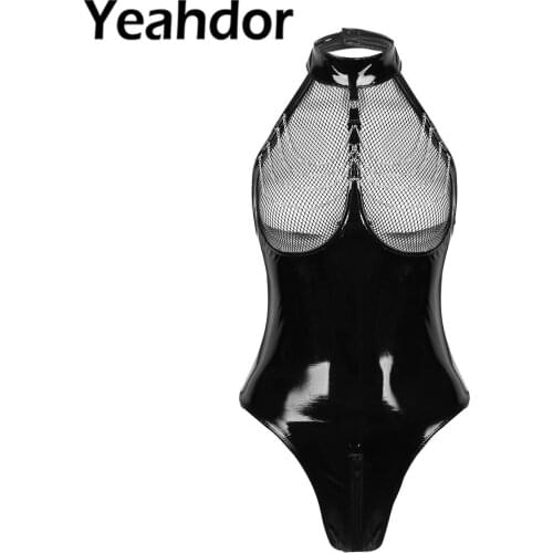 Women Wetlook Patent Leather One-piece Sexy Clubwear Bodysuit Open Cup Bra Halter Neck Mesh Fishnet Bust Zipper Crotch Leotard