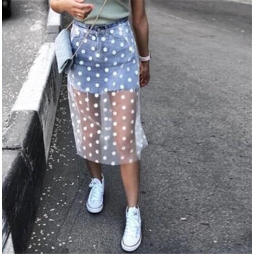 Female Top Cotton Casual Patchwork A-line Lace Mid-calf Empire Skirts 2018 Autumn New Wave Point Mesh Stitching Skirt Woman