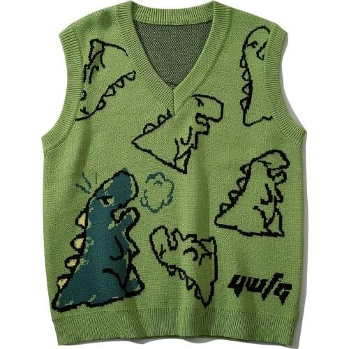 LACIBLE Harajuku Knitted Vest Tops Men Dinosaur Graffiti Graphic Sleeveless Vest Loose Casual Kintted Tank Pullover Streetwear