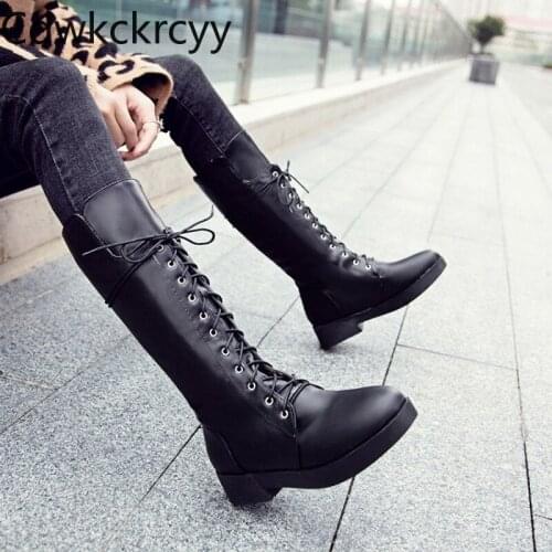 Winter The New fashion Round head Fang He High tube Martin boots black white Lace Plus velvet Keep warm High heel Women boots