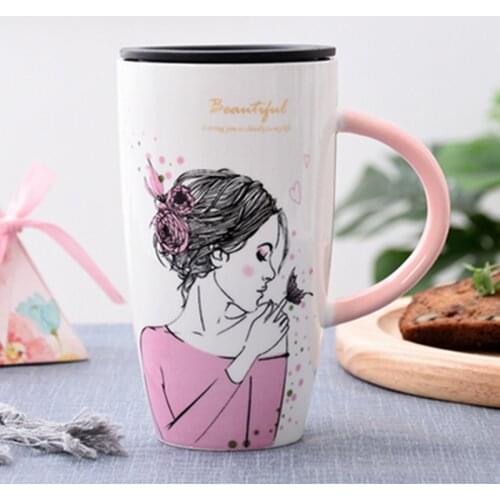 1Pcs 600mL Unique Design Beauty Pattern Ceramic Mug with Lid Large Capacity Mugs Drinkware Coffee Tea Cups Novelty Gift Milk Cup