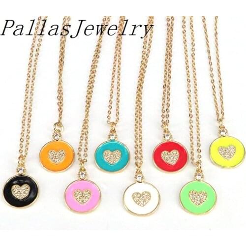 10Pcs Colorful Enamel Heart On Round Coin Pendant,CZ Micro Pave Necklace For Women Jewelry