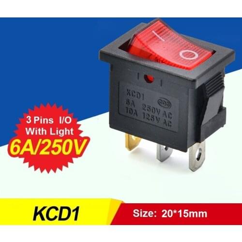 2PCS/lot Rocker Switch With Light 3 Pins I/O Power Switch 6A 250VAC 10A 125VAC 20*15mm CZKCD1-3P6A