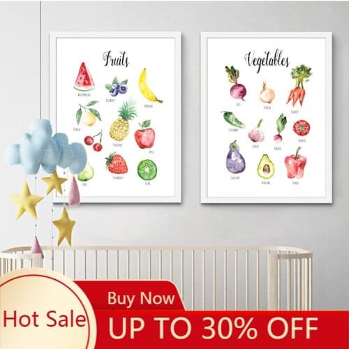 Vegetables Fruits Water colour Canvas Painting Kids Nursery Learning Educational Wall Art Poster Plants Pictures Kitchen Decor