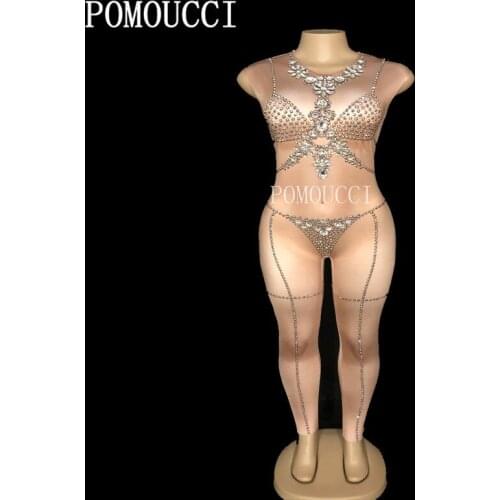 Womens New Sexy Sparkling Crystals Jumpsuit Stretch Prom Party Bodysuit Nightclub Female Singer Show Stage Wear Dance Outfit