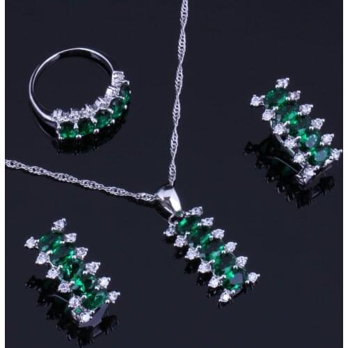 Delicate Green Cubic Zirconia White CZ Silver Plated Jewelry Sets Earrings Pendant Chain Ring V0303