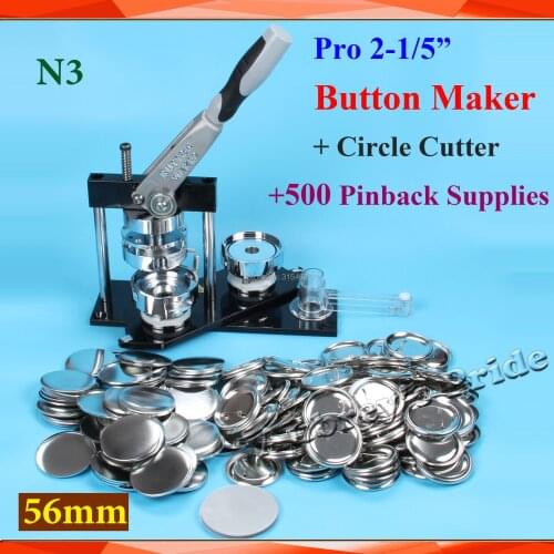 Pro N3 2-1/5":56mm Badge Button Maker Machine + Adjustable Circle Cutter+500Sets Metal Pinback Button Supply
