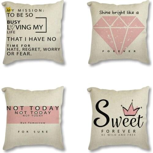Fashion Pink Crown Diamond Sweet Quote Print Cushion Cover Nordic Pillowcase for Room Sofa Decorative Linen Cushion Cover
