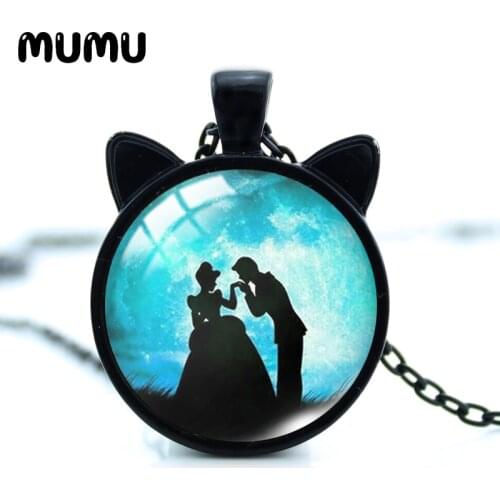 2021 New Cinderella Cat Ear Necklace Prince Princess Glass Dome Pendant Round Photo Jewelry Gifts Girl