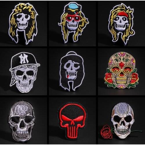 Fine Punk Style Rock Skull Embroidery Patches Rose Skeleton Head Iron On Biker Patches 3D Diy Clothes Stickers Appliques
