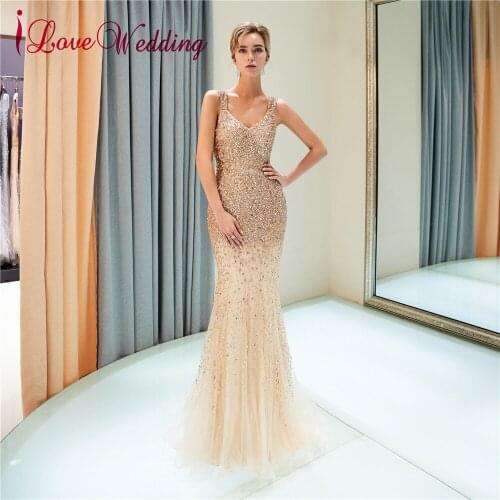 ILoveWedding Evening Dress Luxury Gold Beadings Sheer Back Vestido de festa longo Custom made Formal Dress Gown Real Photo