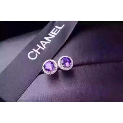 Natural amethyst stud earrings 925 silver natural crystal earrings women Classic elegant round fashion fine Earrings jewelry