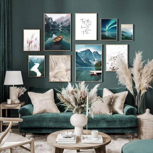 Scandinavian Landscape Canvas Painting Mountain Boat Grass Nordic Poster Print Green Wall Art Picture Interior Living Room Decor