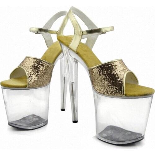 Gorgeous gold/silver glitter high heels 8 inch white flowers wedding shoes clear platform Crystal shoes 20cm party dress sandals