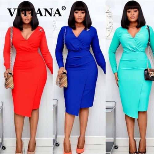 VITIANA Women Elegant Deep V-Neck Bodycon Dress Autumn 2020 Female Slim Office Lady OL Knee-Length Dresses Femme Casual Vestidos