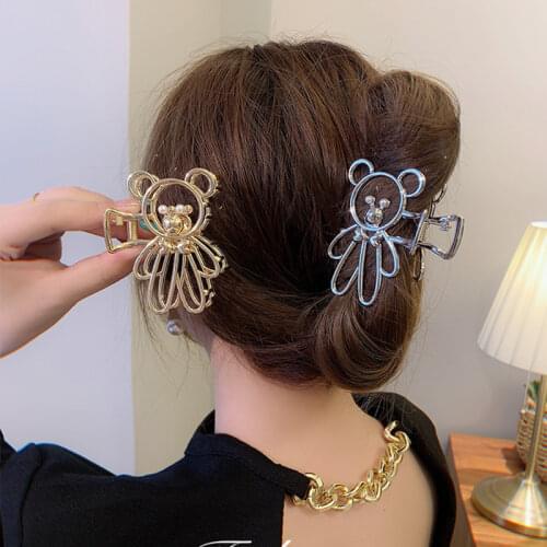 Womens Elegant Cute Bear Hair Claw Clip Shark Clips Metal Hairpins Girl Sweet Gold Silver Barrette Fashion Hair Accessories Gift