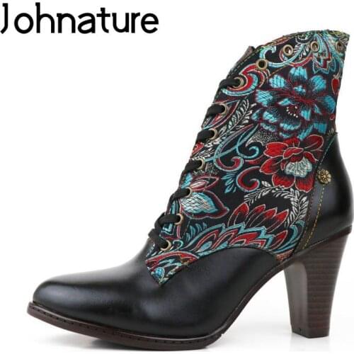 Johnature Genuine Leather Cloth Women Boots Short Plush 2020 New Winter Lace-up Round Toe Flower Women Shoes Ankle Ladies Boots