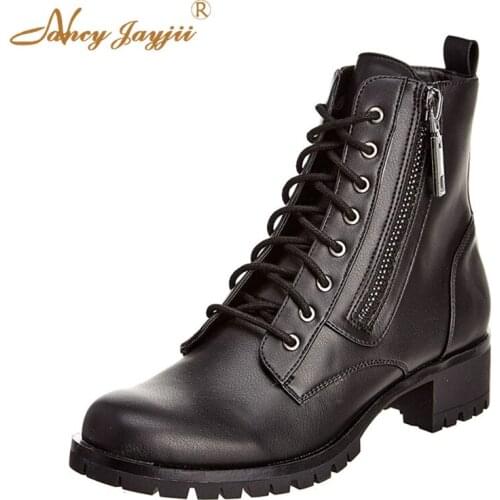 Genuine Leather Cow Motorcycle Boots Women Shoes Adult Lady Cross-tied Black Ankle Zipper Med Square heels Round Toe Mature 2019