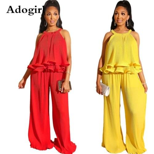 Pleated Ruffles Summer 2 Piece Set Woman Halter Sleeveless Blouse Shirts + Wide Leg Long Pants Solid Color Tracksuit