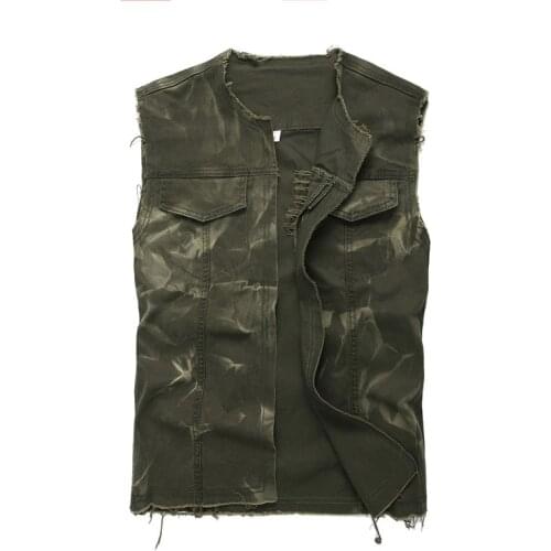 Mens Army Green O-neck Open Stitch Denim Vest Sleeveless Holes Ripped Washed Fringe Tank Top Waistcoat Outerwear
