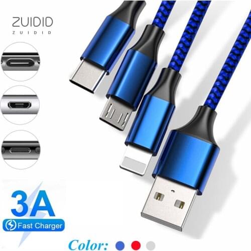 1.2 M 3 Colors Data Cable 3-In-1 Fast Charge Car Multifunctional Nylon Braided Lightning USB Type C Charging Cable