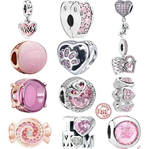 925 Sterling Silver Dazzling Pink Butterfly Heart Mom life Tree Zirconia Beads Fit Original Charms Pandora Bracelet Bead Jewelry