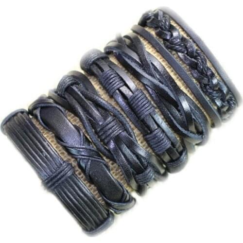 Handmade wholesale 6pcs/lot ethnic tribal genuine adjustable handmade charming black punk leather bracelets bangles -S9