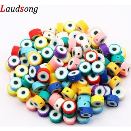 50pcs 10mm Mixed Eyes Evil Polymer Clay Beads Round Flat Loose Spacer Beads for Jewelry Making DIY Bracelet Necklace Accessories