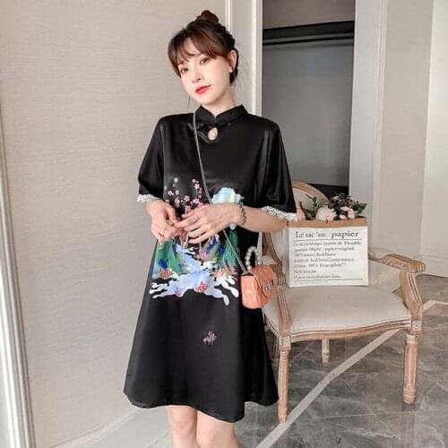Black Loose Cheongsam Lady Sexy Printing Lace Qipao Women Chinese Style National Trend Mini Evening Party Robe Orientale Dress