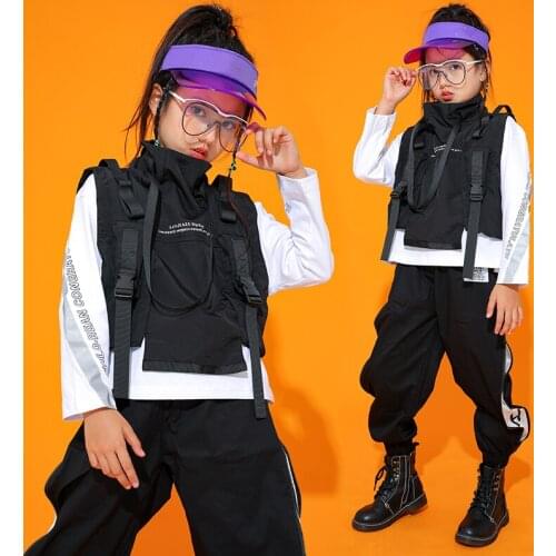Kids Jazz Hip Hop Dance Costumes Black Vest Loose Casual Pants For Girls Boys Hiphop Street Ballroom Dancing Clothes Wear SL4070
