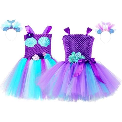 Cartoon Little Mermaid Puff Dress For Girls With Headband Satin Top Knee Length Volie Kids Tulle Halloween Party Dress