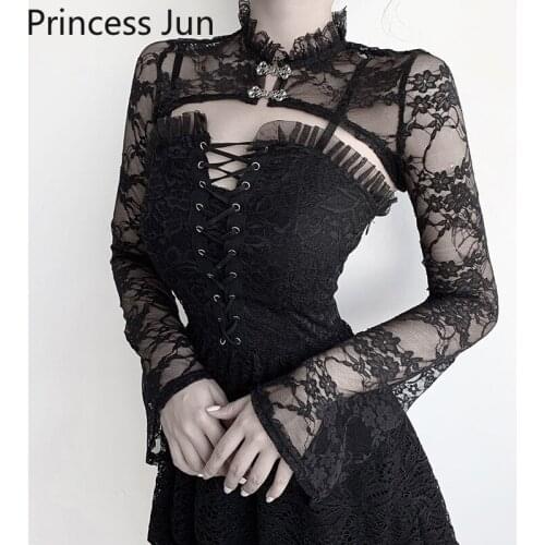 French Retro Straps Slash Neck Slim Mini Dress 2 Piece Black Tank Lace Dress&long Sleeve Crop Lace Shirt Lace Up A Line Dress