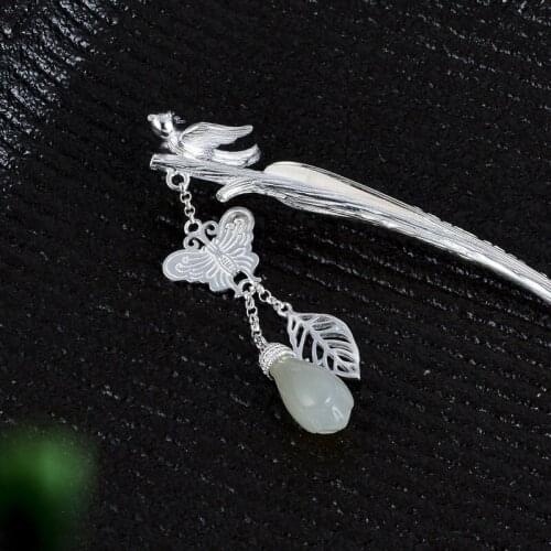 925 Sterling Silver Chinese Jade Hair Stick Butterfly Tassel Bird Step Shake Hair Accessories Sticks Pins Vintage Luxury Jewelry