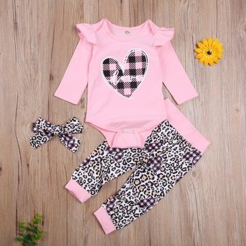 Baby Girl Leopard Print Three-piece Suit, Romper + Trousers + Headband, Bow Decoration Spring Clothing