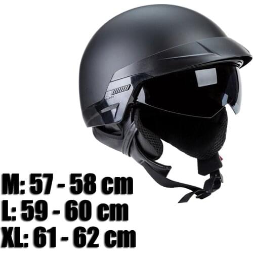Motorcycle Half Helmet Retractable Visor Matte Black Fully Removable, Washable,with Drop Down Sun Shield