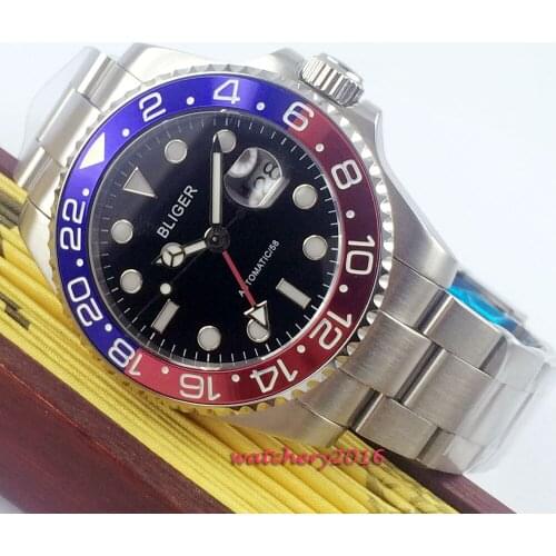 43mm Bliger Black dial Luminous hands Date window Sapphire Glass Steel Case GMT Automatic Movement Mens Mechanical Wristwatch