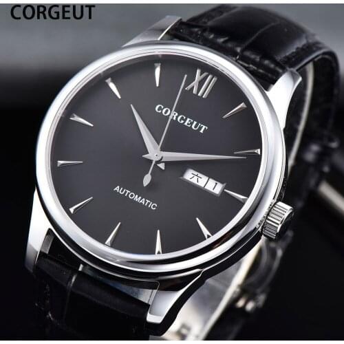 CORGEUT Men Aviator Watch Brand Mechanical Sapphire Automatic Military Citizen Movement Week Calendar Waterproof Leather Watch