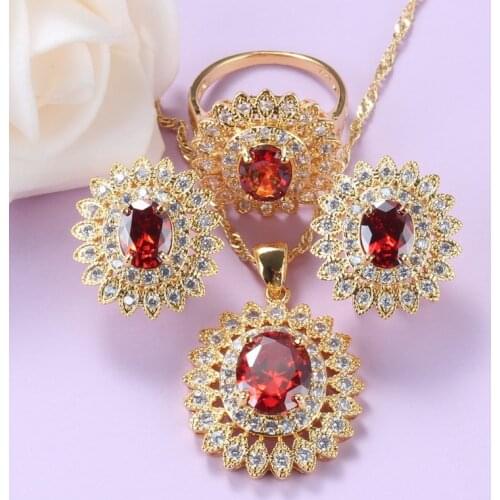 Moroccan Jewelry Sets Women Wedding Accessories With Natural Garnet Sunflower Necklace And Clip Earrings Ring Sets