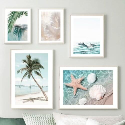 Caribbean Beach Palm Tree Leaf Corals Two Dolphins Wall Art Prints Canvas Painting Nordic Poster Decor Pictures For Living Room