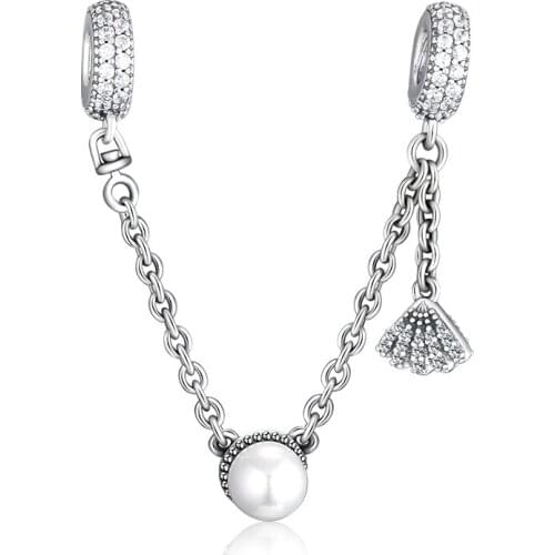 Fits for Pandora Charms Bracelets Tropical Shell & Pearl Safety Chain Beads 100% 925 Sterling Silver Jewelry Free Shipping