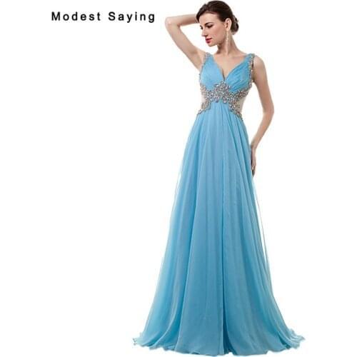 Luxury Sexy Illusion Back Blue A-line Pleat Beaded Evening Dresses 2017 with Rhinestone Pleated Party Prom Gowns robe de soiree